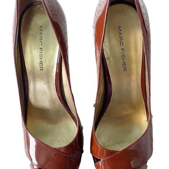 Marc Fisher Platform Peep Toe Heel Brown Patent Leather Dress Shoe Size 6.5 - Picture 5 of 13